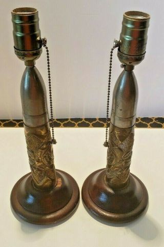 Pair Vintage Ww2 Military Trench Art Brass Shell Casing Electric Lamps