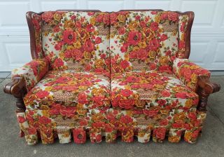 Vintage Floral 1970s Loveseat Couch Furniture Funky Hippie Retro Red Wood