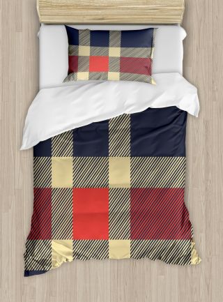 Checkered Duvet Cover Set With Pillow Shams Vintage Plaid Lines Print