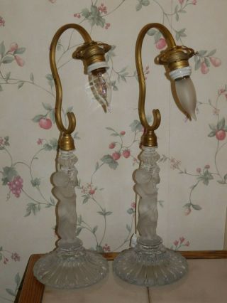 Baccarat French Crystal Signed Pr.  Vintage Frosted Figural Lamps 19 3/4 "