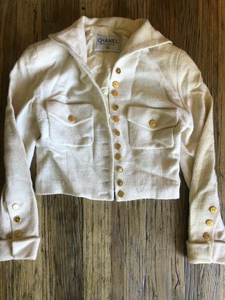 Authentic Chanel Vintage Long Sleeve Off - White Jacket With Gold Tone Buttons