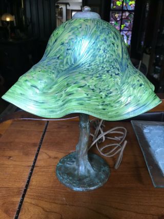 Antique Bronze Lamp With Irridescemt Art Glass Shade 4