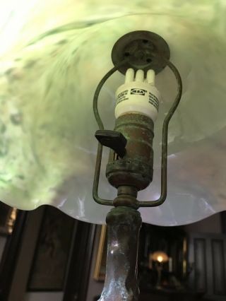 Antique Bronze Lamp With Irridescemt Art Glass Shade 8