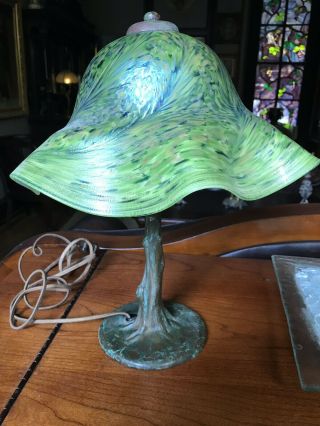 Antique Bronze Lamp With Irridescemt Art Glass Shade 9
