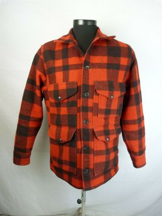 Filson Vintage Red & Black Plaid Wool Button Up Mackinaw Coat Jacket Sz L