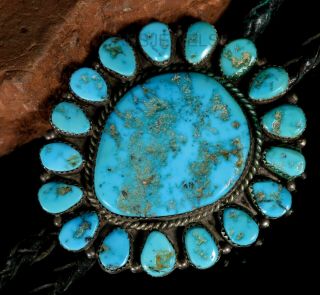 Old Pawn Vintage Navajo Sterling Cluster Natural Turquoise & Sterling Bolo Tie