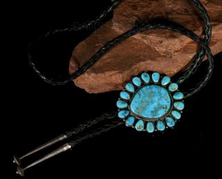 Old Pawn Vintage NAVAJO Sterling Cluster NATURAL Turquoise & Sterling Bolo Tie 3