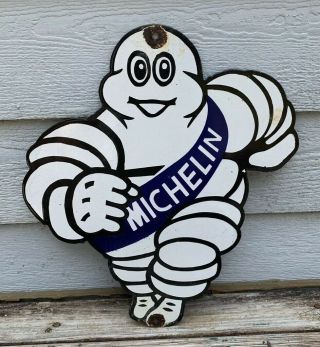 Vintage Michelin Man Gasoline Sign Porcelain Gas Pump Plate Service Station