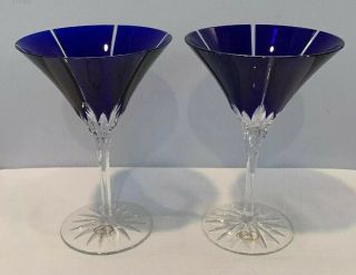 Vtg Set Of 2 Ajka Crystal Albinka Martini Glasses Cobalt Blue Cut Clear 7 - 1/4 "