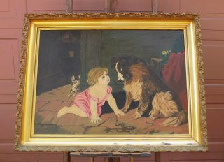 1914 Antique American Folk Art Oil Painting Collie Dog Cat Girl,  Huge Fine Frame