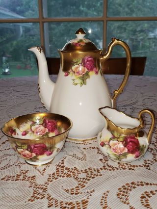 Vintage Royal Chelsea Golden Rose 7.  5 " Coffee Pot W/ Lid,  Creamer,  And Sugar Wow