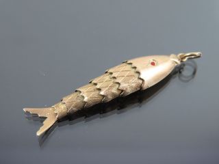 Large Vintage 9ct Gold & Enamel Articulated Fish Pendant Charm 1965