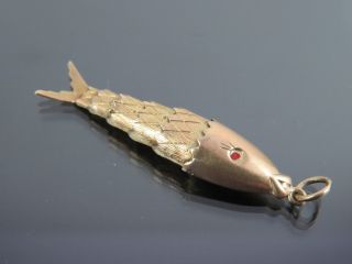 LARGE VINTAGE 9ct GOLD & ENAMEL ARTICULATED FISH PENDANT CHARM 1965 2