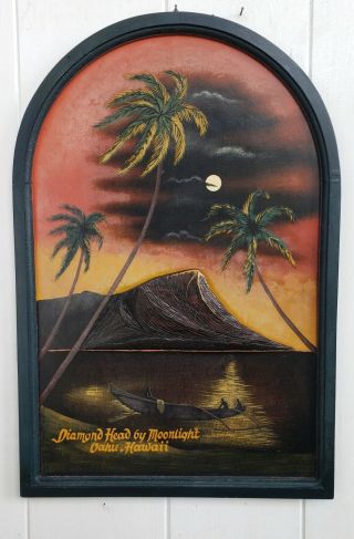 Vintage Hawaiian Sign Carved Nostalgic Diamond Head Tropical Hawaii Painting