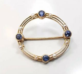 Vintage Mid Century 14k Yellow Gold Pearl Sapphire? Circle Pin Brooch