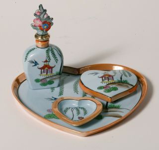 VERY RARE Vintage Art Deco COMPLETE DRESSER SET - Heart Shaped w/ Pagoda & Bird 2