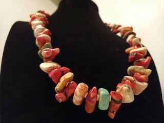 Vintage Native American Chunky Turquoise,  Red Coral,  & Heishi Nugget Necklace
