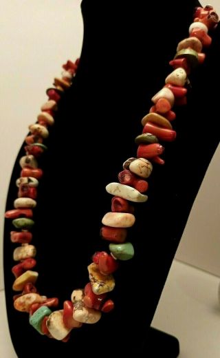 Vintage Native American Chunky Turquoise,  Red Coral,  & Heishi Nugget Necklace 2