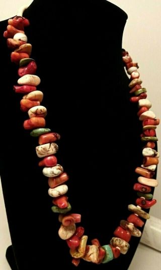 Vintage Native American Chunky Turquoise,  Red Coral,  & Heishi Nugget Necklace 6