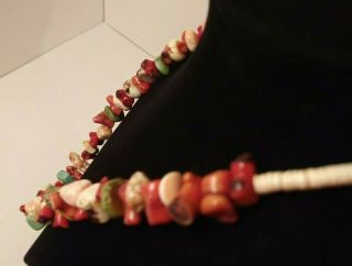 Vintage Native American Chunky Turquoise,  Red Coral,  & Heishi Nugget Necklace 7