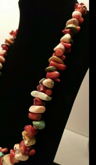 Vintage Native American Chunky Turquoise,  Red Coral,  & Heishi Nugget Necklace 8