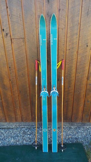 Vintage 65 " Skis Turquoise Finish With Metal Bindings,  Bamboo Poles
