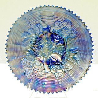Rare Northwood Rose Show Blue Iridescent Carnival Glass Plate