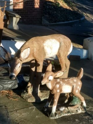 Vintage Concrete Deer Lawn Ornaments (doe And Fawn)