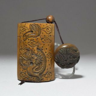 Rare Wooden Dragon Inro Netsuke Ojime Bead 石川 Sign Japanese Antique Vintage