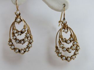 Vintage 14k Yellow Gold Seed Pearl Dangle Drop Earrings 1 3/8 " Long By 5/8 " Wide