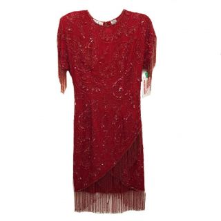 Vintage Laurence Kazar.  Beaded Dress.  Evening Gown Size M Red Sequin Vtg 80s