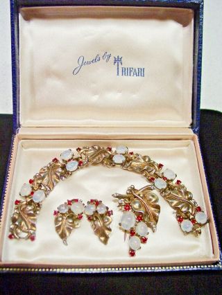 Vintage Trifari Sterling Philippe Cabochon Bracelet Fur Clip Earrings Set W/box