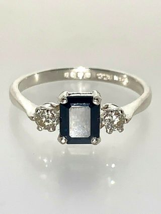 Vintage 18 Carat White Gold Sapphire & Diamond Trilogy Ring Size P Emerald Cut