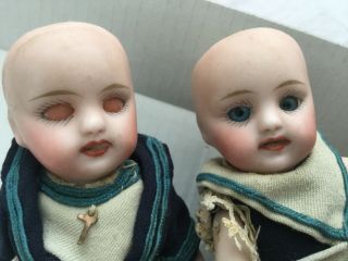 Two antique miniature dolls house bisque peg jointed 5.  5” sailor dolls tlc 10