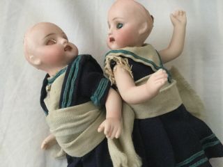 Two antique miniature dolls house bisque peg jointed 5.  5” sailor dolls tlc 11
