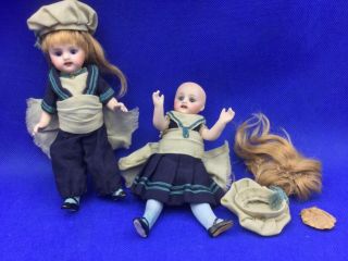Two Antique Miniature Dolls House Bisque Peg Jointed 5.  5” Sailor Dolls Tlc