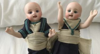 Two antique miniature dolls house bisque peg jointed 5.  5” sailor dolls tlc 4
