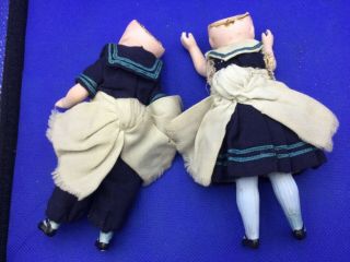 Two antique miniature dolls house bisque peg jointed 5.  5” sailor dolls tlc 7
