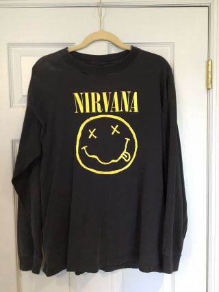 Rare Vintage 1990’s Nirvana Long Sleeve Band T - Shirt Smiley Face Kurt Cobain