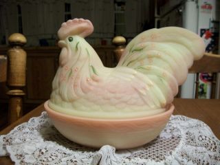 Vintage Large " Fenton " Rooster On A Nest - Hand Painted & Signed
