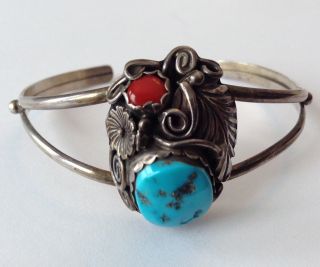 Vintage W Begay Signed Sterling Silver Navajo Turquoise & Coral Cuff Bracelet