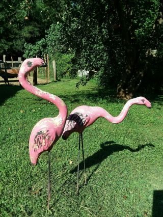 Vintage Pink Cement Flamingos Mid - Century Lawn Art Decor Yard Statues