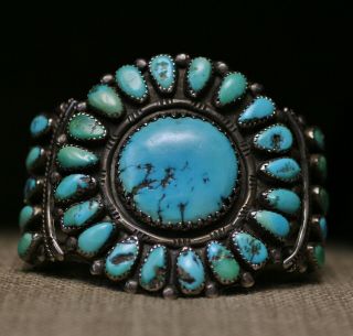 Huge Vintage Native American Zuni Turquoise Sterling Silver Cuff Bracelet