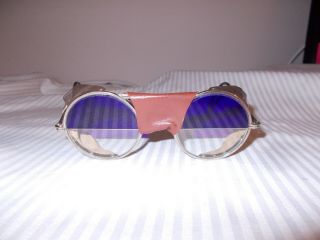 Vintage Wilson Motorcycle Glasses Welding Safety Googles Leather Sides - Blue -