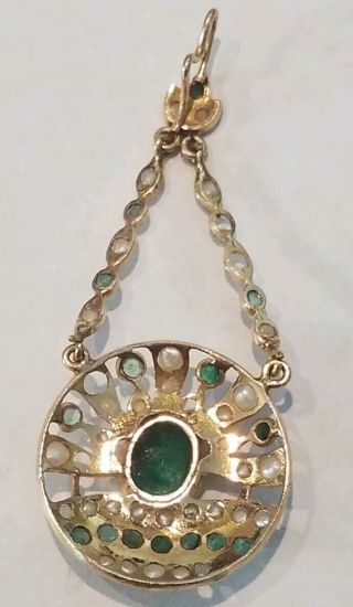 Antique Custom Early Victorian Large 14K Gold Pendant with Emeralds and Pearls 10