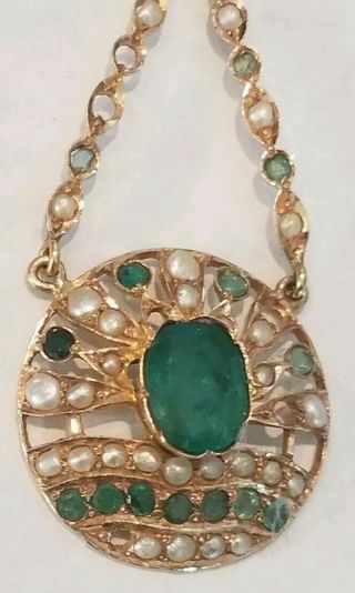 Antique Custom Early Victorian Large 14k Gold Pendant With Emeralds And Pearls