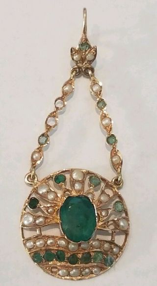 Antique Custom Early Victorian Large 14K Gold Pendant with Emeralds and Pearls 2