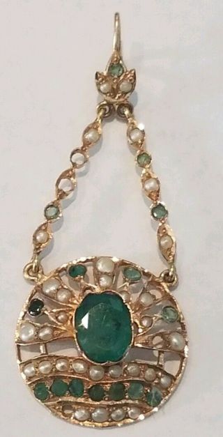 Antique Custom Early Victorian Large 14K Gold Pendant with Emeralds and Pearls 5