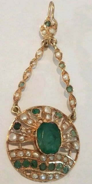 Antique Custom Early Victorian Large 14K Gold Pendant with Emeralds and Pearls 8