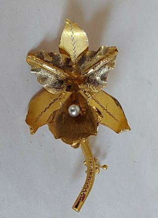 Vintage 18k Yellow Gold Orchid Flower Pin With Pearl 3d Signed Hallmarked 18k